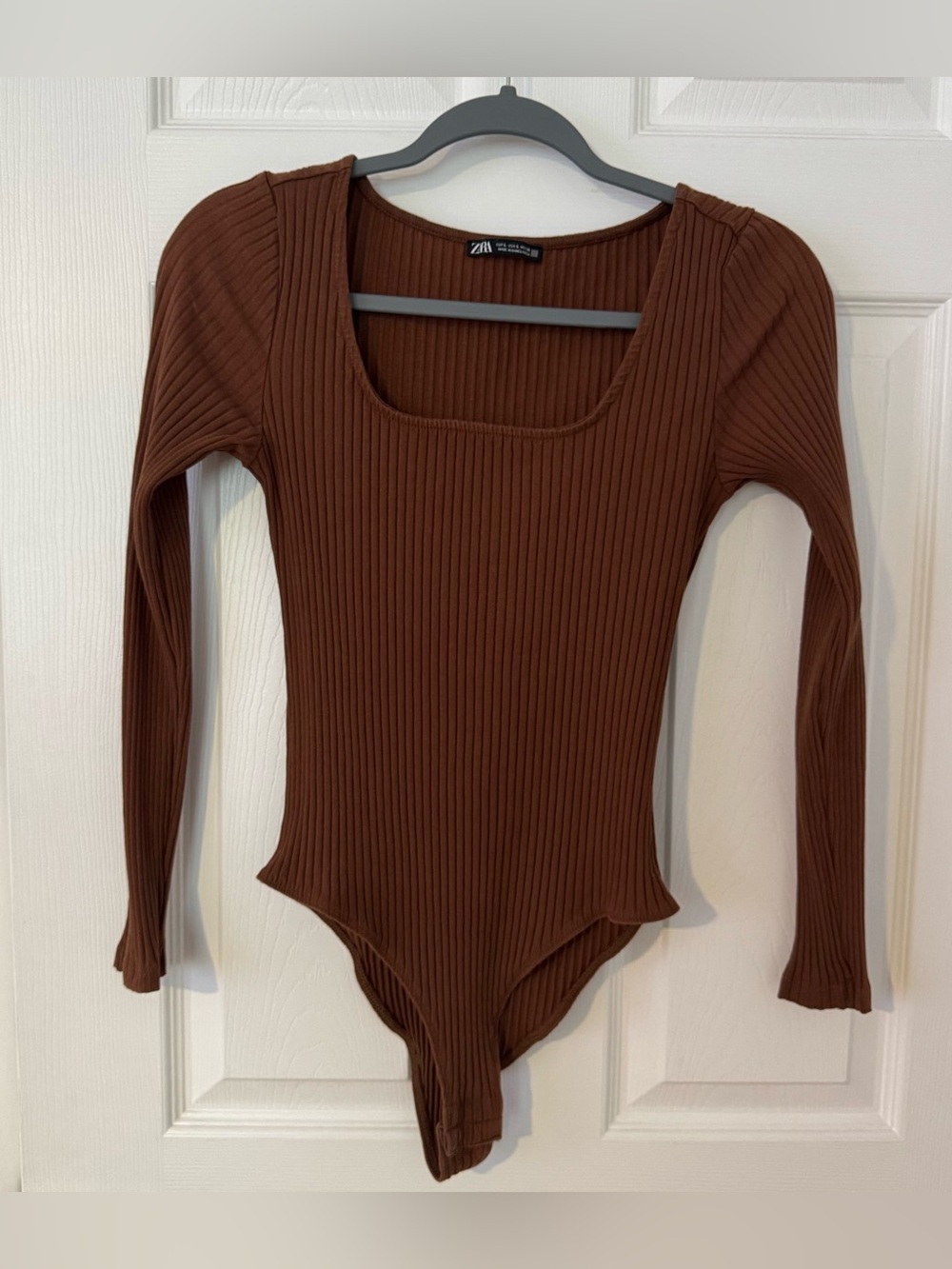 Zara Chocolate Ribbed Long-Sleeve Square Neck Bodysuit